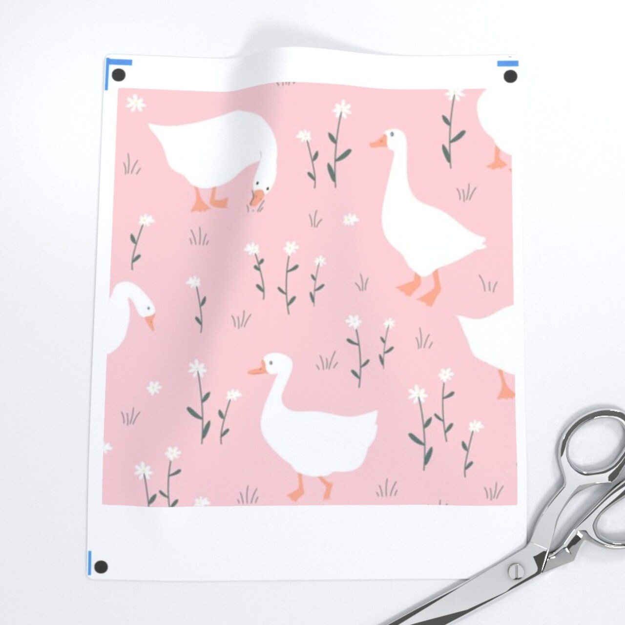 Geese On Pink Whimsical Goose Cute Spring Meadow White Orange Wildflower Custom Printed Fabric by Spoonflower Various Fabrics by the Yard or Fat Quarter